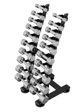 Jimnastik Salonu Salonu, halter spor aletleri için, farklı boyutlarda ve ağırlıkta, beyaz arka planda izole edilmiş. 3B illüstrasyon