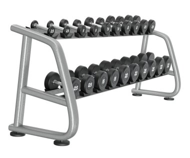 Jimnastik Salonu Salonu, halter spor aletleri için, farklı boyutlarda ve ağırlıkta, beyaz arka planda izole edilmiş. 3B illüstrasyon