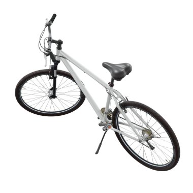 Kickstand, yan görünüm yaslanırken beyaz bisiklet ayakta duruyor. Tekme üzerinde dinlenen bisiklet standı beyaz arka planda izole edilmiş, 3 boyutlu illüstrasyon