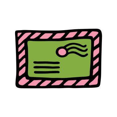 El yazısı ve renkli siyah çizgilerle çizilmiş karalama mektubu simgesi. Vektör illüstrasyonu beyaz arkaplanda izole edildi