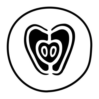 Elmanın yarısı düz çizilmiş bir elle çizilmiş. Vektör illüstrasyonu beyaz arkaplanda izole edildi