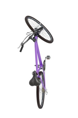 Purple bicycle standing while leaning on kickstand, top view. Bike resting on kick stand isolated on white background, 3D illustration clipart