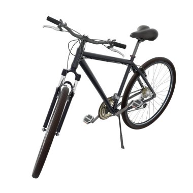 Siyah bisiklet ayakta duruyor, ön taraftaki kickstand 'a yaslanırken. Tekme üzerinde dinlenen bisiklet standı beyaz arka planda izole edilmiş, 3 boyutlu illüstrasyon