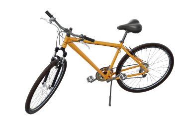 Kickstand 'a yaslanırken ayakta duran turuncu bisiklet, yan manzara. Tekme üzerinde dinlenen bisiklet standı beyaz arka planda izole edilmiş, 3 boyutlu illüstrasyon