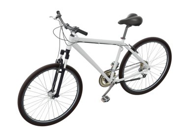 Beyaz bisiklet, yan manzara. Siyah deri eyer ve tutamaklar. Beyaz arkaplanda izole edilmiş, 3 boyutlu illüstrasyon