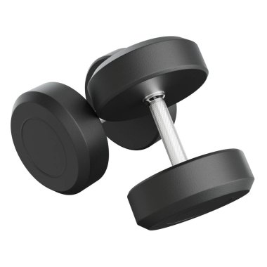 İki boş yuvarlak lastik dambıl, halter spor aletleri üst görünümü, beyaz arka planda izole. 3B illüstrasyon