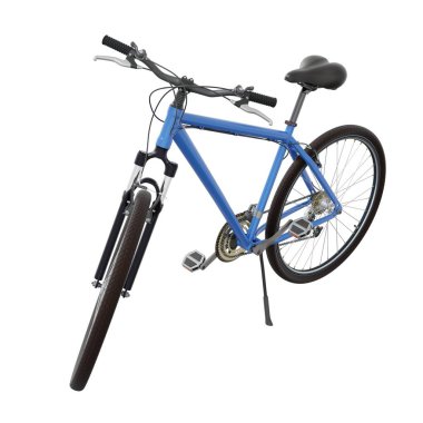 Mavi bisiklet kickstand 'a yaslanırken ayakta duruyor, ön tarafı görüyor. Tekme üzerinde dinlenen bisiklet standı beyaz arka planda izole edilmiş, 3 boyutlu illüstrasyon