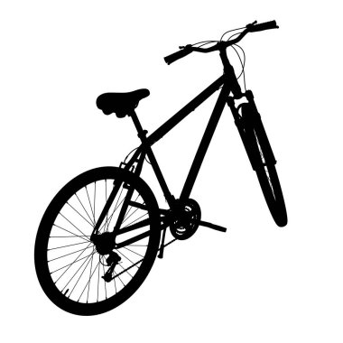 Kickstand 'a yaslanırken ayakta duran siyah bisiklet silueti, üst manzara. Tekme üzerinde dinlenen bisiklet standı beyaz arka planda izole edilmiş, 3 boyutlu illüstrasyon