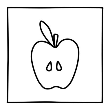 Elma yarı karalama simgesi, minimalist tarzda ince çizgi çizilmiş. Vektör illüstrasyonu beyaz arkaplanda izole edildi