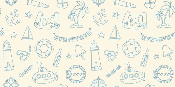 Морской стиль безseamless фон с элементами ручной работы в стиле линейного искусства. Бесконечный узор для приглашений на детскую вечеринку, бумага для упаковки детских игрушек, обои для мужской комнаты. Векторная иллюстрация