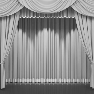 Lüks ipek sahne veya pencere perdeleri. İç dizayn, gösteri, film sonu, yeni ürün, prömiyer, pazarlama konsepti. 3B illüstrasyon