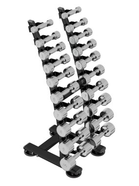 Jimnastik Salonu Salonu, halter spor aletleri için, farklı boyutlarda ve ağırlıkta, beyaz arka planda izole edilmiş. 3B illüstrasyon