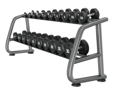 Jimnastik Salonu Salonu, halter spor aletleri için, farklı boyutlarda ve ağırlıkta, beyaz arka planda izole edilmiş. 3B illüstrasyon