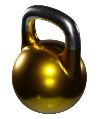 Olimpik kettlebell, boş ağır dökme demir kaldırma ekipmanı, altın boyalı, beyaz arka planda izole edilmiş. 3B illüstrasyon