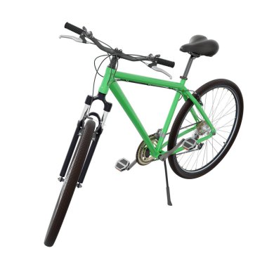 Yeşil bisiklet kickstand 'a yaslanırken ayakta duruyor, ön tarafı görüyor. Tekme üzerinde dinlenen bisiklet standı beyaz arka planda izole edilmiş, 3 boyutlu illüstrasyon