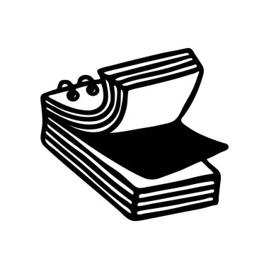 Doodle Notepad simgesi, el yazısıyla siyah çizgi çizilmiş. Vektör illüstrasyonu beyaz arkaplanda izole edildi