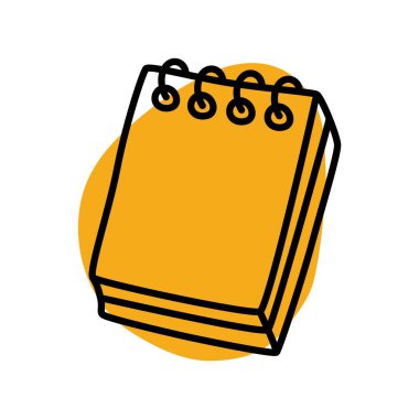 Karalama kitabı ya da defter simgesi. Beyaz arkaplanda ince çizgiler ve renkli damlalar çizilmiş. Vektör illüstrasyonu