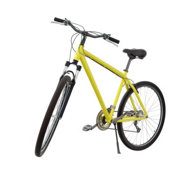 Sarı bisiklet ayakta duruyor. Kickstand 'a yaslanırken, ön tarafa bakıyor. Tekme üzerinde dinlenen bisiklet standı beyaz arka planda izole edilmiş, 3 boyutlu illüstrasyon