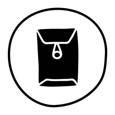 Doodle harfi, ucu düğmeli zarf simgesi veya logosu, düz çizilmiş el. Beyaz arka planda izole edilmiş. Vektör illüstrasyonu