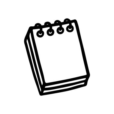 Doodle Notepad simgesi, el yazısıyla siyah çizgi çizilmiş. Vektör illüstrasyonu beyaz arkaplanda izole edildi