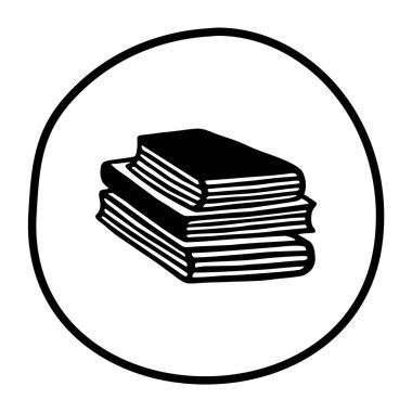 El yazısı ile siyah çizgi çizilmiş karalama kitap yığını simgesi. Vektör illüstrasyonu beyaz arkaplanda izole edildi