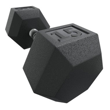 Hex Dumbbell, 15 numara, halter spor aletleri geniş açılı, beyaz arka planda izole edilmiş. 3B illüstrasyon