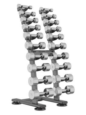 Jimnastik Salonu Salonu, halter spor aletleri için, farklı boyutlarda ve ağırlıkta, beyaz arka planda izole edilmiş. 3B illüstrasyon