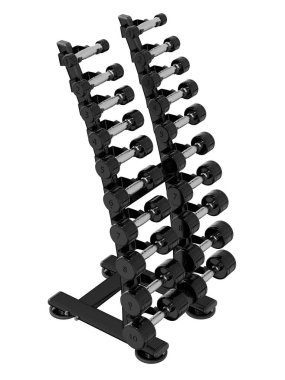 Jimnastik Salonu Salonu, halter spor aletleri için, farklı boyutlarda ve ağırlıkta, beyaz arka planda izole edilmiş. 3B illüstrasyon