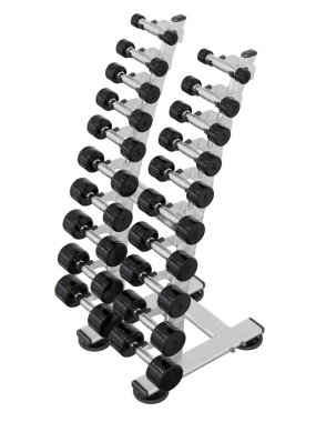 Jimnastik Salonu Salonu, halter spor aletleri için, farklı boyutlarda ve ağırlıkta, beyaz arka planda izole edilmiş. 3B illüstrasyon