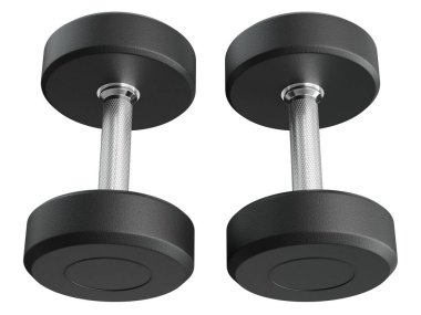 İki boş yuvarlak lastik dambıl, halter spor aletleri üst görünümü, beyaz arka planda izole. 3B illüstrasyon