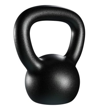 Kettlebell fitness ağırlığı, boş ağır dökme demir kaldırma ekipmanları, siyaha boyanmış, beyaz arka planda izole edilmiş. 3B illüstrasyon
