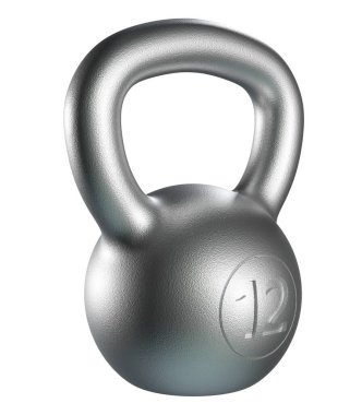Kettlebell fitness ağırlığı, 12 kilo ağır demir kaldırma ekipmanı, siyaha boyanmış, beyaz arka planda izole edilmiş. 3B illüstrasyon