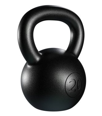 Kettlebell fitness ağırlığı, 20 kg ağır demir kaldırma ekipmanı, siyaha boyanmış, beyaz arka planda izole edilmiş. 3B illüstrasyon
