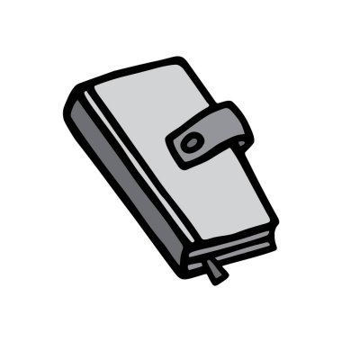 Karalama kitabı ya da defter simgesi, el yazısıyla siyah çizgi ve renkli monokrom grisi çizilmiş. Vektör illüstrasyonu beyaz arkaplanda izole edildi