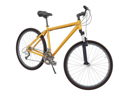 Turuncu bisiklet ayakta duruyor. Kickstand 'a yaslanırken, ön tarafa bakıyor. Tekme üzerinde dinlenen bisiklet standı beyaz arka planda izole edilmiş, 3 boyutlu illüstrasyon