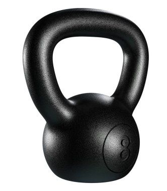 Kettlebell fitness ağırlığı, 8 kg ağır dökme demir kaldırma ekipmanı, siyaha boyanmış, beyaz arka planda izole edilmiş. 3B illüstrasyon