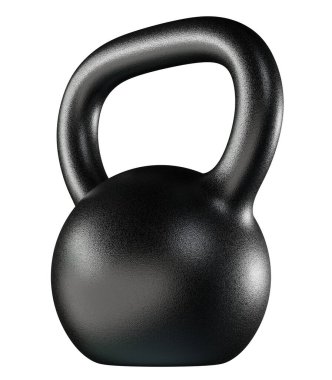Kettlebell fitness ağırlığı, boş ağır dökme demir kaldırma ekipmanları, siyaha boyanmış, beyaz arka planda izole edilmiş. 3B illüstrasyon