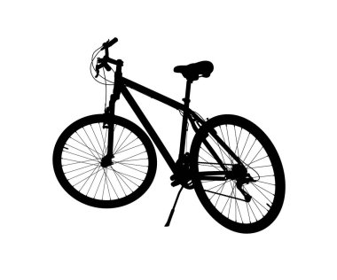 Kickstand 'a yaslanırken ayakta duran siyah bisiklet silueti, üst manzara. Tekme üzerinde dinlenen bisiklet standı beyaz arka planda izole edilmiş, 3 boyutlu illüstrasyon
