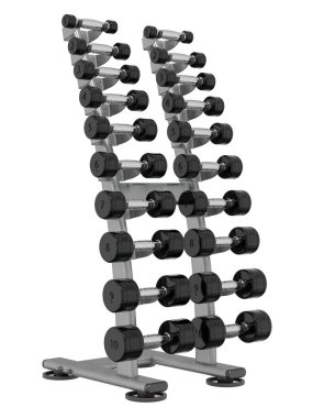 Jimnastik Salonu Salonu, halter spor aletleri için, farklı boyutlarda ve ağırlıkta, beyaz arka planda izole edilmiş. 3B illüstrasyon