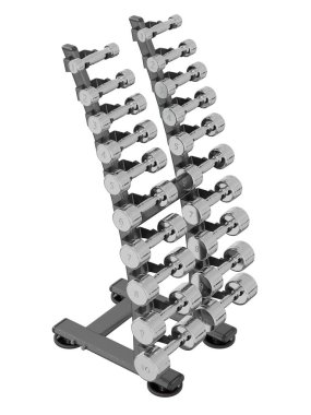 Jimnastik Salonu Salonu, halter spor aletleri için, farklı boyutlarda ve ağırlıkta, beyaz arka planda izole edilmiş. 3B illüstrasyon