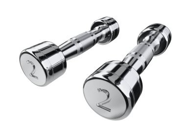 İki boş yuvarlak dambıl, iki numara, krom halter halter spor aleti, beyaz arka planda izole. 3B illüstrasyon