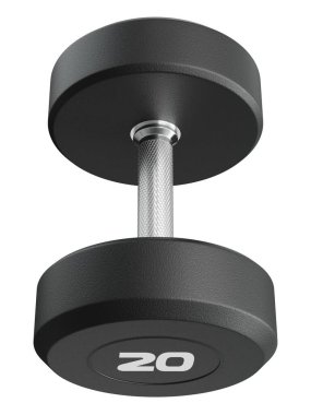 Beyaz arka planda izole edilmiş halter spor aletleri üst görüşü olan 20 numaralı boş yuvarlak lastik şapşal. 3B illüstrasyon