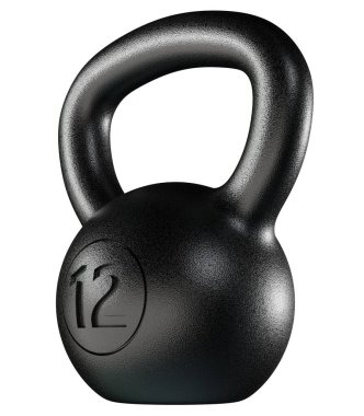 Kettlebell fitness ağırlığı, 12 kg ağır demir kaldırma ekipmanı, siyaha boyanmış, beyaz arka planda izole edilmiş. 3B illüstrasyon