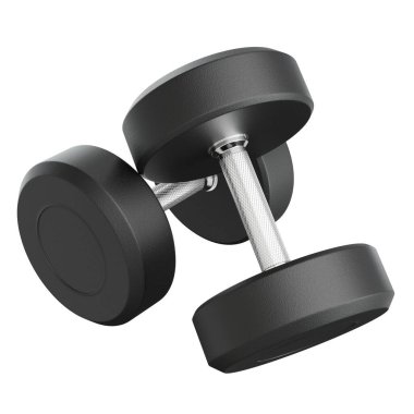 İki boş yuvarlak lastik dambıl, halter spor aletleri üst görünümü, beyaz arka planda izole. 3B illüstrasyon