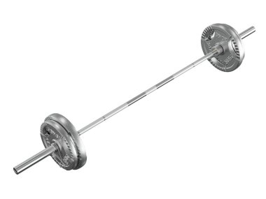 Demir Ayar Olimpik Halter, 20 kg ve 15 kg plakalı, yan manzaralı, beyaz arka planda izole edilmiş. 3B illüstrasyon