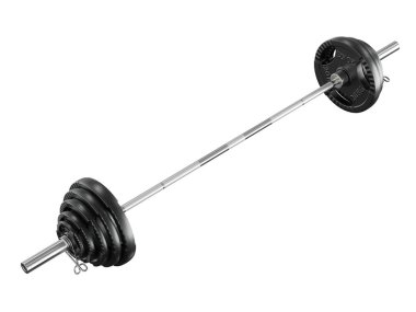 Demir Ayar Olimpik Halter, çeşitli plakalar, yan görüş, beyaz arka planda izole. 3B illüstrasyon