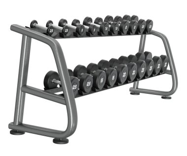 Jimnastik Salonu Salonu, halter spor aletleri için, farklı boyutlarda ve ağırlıkta, beyaz arka planda izole edilmiş. 3B illüstrasyon