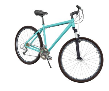 Mavi deniz mavisi bisikleti ayakta duruyor. Kickstand 'a yaslanırken, ön tarafa bakıyor. Tekme üzerinde dinlenen bisiklet standı beyaz arka planda izole edilmiş, 3 boyutlu illüstrasyon