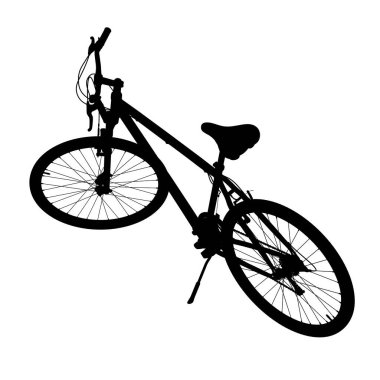 Kickstand 'a yaslanırken ayakta duran siyah bisiklet silueti, üst manzara. Tekme üzerinde dinlenen bisiklet standı beyaz arka planda izole edilmiş, 3 boyutlu illüstrasyon