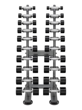 Jimnastik Salonu Salonu, halter spor aletleri için, farklı boyutlarda ve ağırlıkta, beyaz arka planda izole edilmiş. 3B illüstrasyon